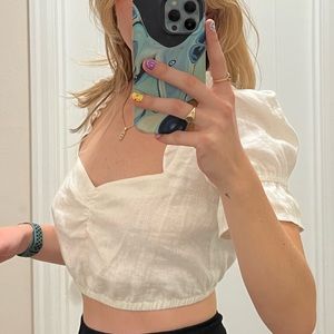 Reformation white linen cropped blouse with fab collar and sleeves